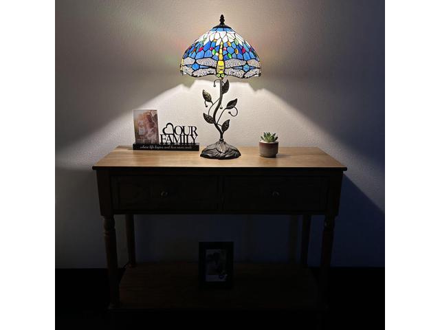 ENJOY DECOR LAMPS Tiffany Style Table Lamp Blue Stained Glass Dragonfly Included LED Bulb for Living Room Bedroom Bedside 12'W*12'D*22'H