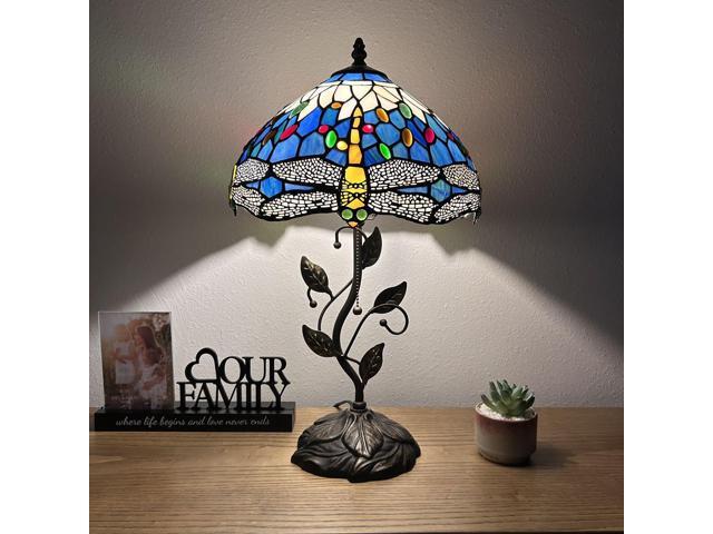 ENJOY DECOR LAMPS Tiffany Style Table Lamp Blue Stained Glass Dragonfly Included LED Bulb for Living Room Bedroom Bedside 12'W*12'D*22'H