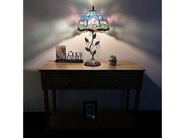 ENJOY DECOR LAMPS Tiffany Style Table Lamp Blue Purple Stained Glass Tulips Included LED Bulb for Living Room Bedroom Bedside 12'W*12'D*22'H
