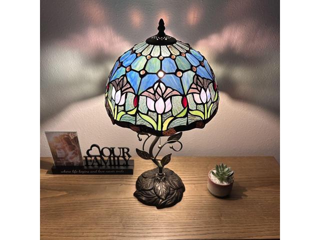 ENJOY DECOR LAMPS Tiffany Style Table Lamp Blue Purple Stained Glass Tulips Included LED Bulb for Living Room Bedroom Bedside 12'W*12'D*22'H