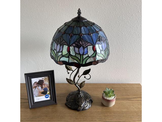 ENJOY DECOR LAMPS Tiffany Style Table Lamp Blue Purple Stained Glass Tulips Included LED Bulb for Living Room Bedroom Bedside 12'W*12'D*22'H