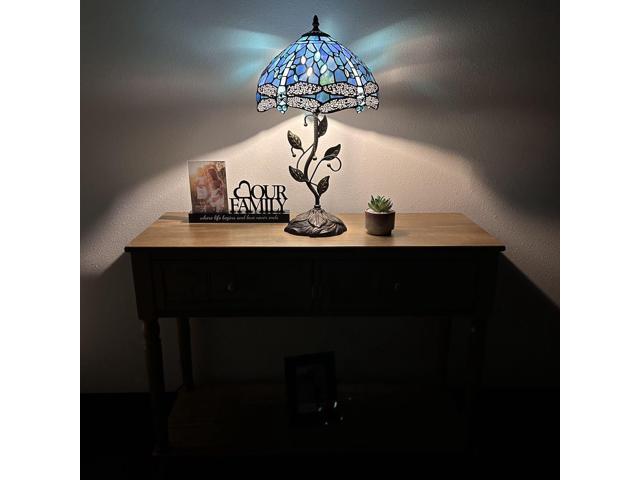 ENJOY DECOR LAMPS Tiffany Style Table Lamp Blue Stained Glass Dragonfly Iron Metal Leaves Bronze Base Included LED Bulb for Living Room Dining Room...