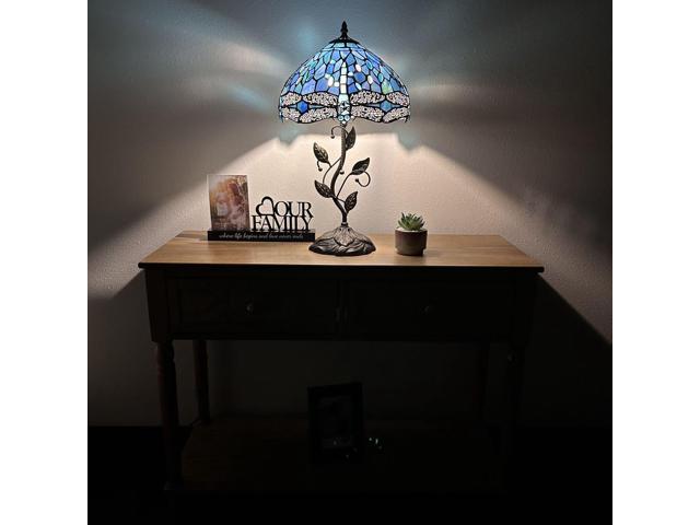 ENJOY DECOR LAMPS Tiffany Style Table Lamp Blue Stained Glass Dragonfly Iron Metal Leaves Bronze Base Included LED Bulb for Living Room Dining Room...