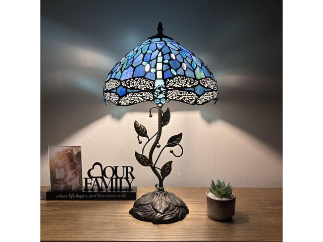ENJOY DECOR LAMPS Tiffany Style Table Lamp Blue Stained Glass Dragonfly Iron Metal Leaves Bronze Base Included LED Bulb for Living Room Dining Room...