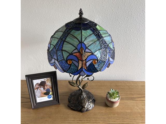 ENJOY DECOR LAMPS Tiffany Style Table Lamp Green Blue Stained Glass Included LED Bulb for Living Room Dining Room Bedroom Bedside 12'W*12'D*22'H