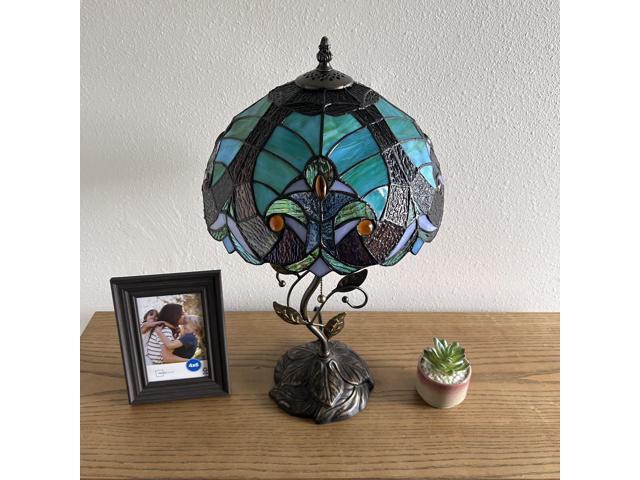 ENJOY DECOR LAMPS Tiffany Style Table Lamp Green Brown Stained Glass Included LED Bulb for Living Room Bedroom Bedside 12'W*12'D*22'H