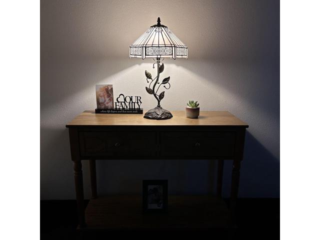ENJOY DECOR LAMPS Tiffany Style Table Lamp White Hexagon Stained Glass Included LED Bulb for Living Room Bedroom Bedside 12'W*12'D*22'H