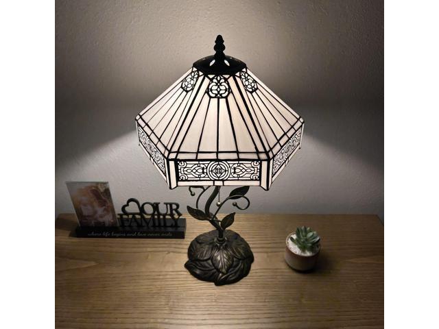 ENJOY DECOR LAMPS Tiffany Style Table Lamp White Hexagon Stained Glass Included LED Bulb for Living Room Bedroom Bedside 12'W*12'D*22'H
