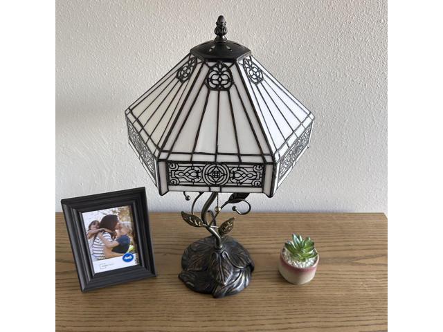 ENJOY DECOR LAMPS Tiffany Style Table Lamp White Hexagon Stained Glass Included LED Bulb for Living Room Bedroom Bedside 12'W*12'D*22'H