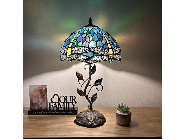 ENJOY DECOR LAMPS Tiffany Style Table Lamp Green Blue Stained Glass Dragonfly Base Included LED Bulb for Living Room Bedroom Bedside 12'W*12'D*22'H