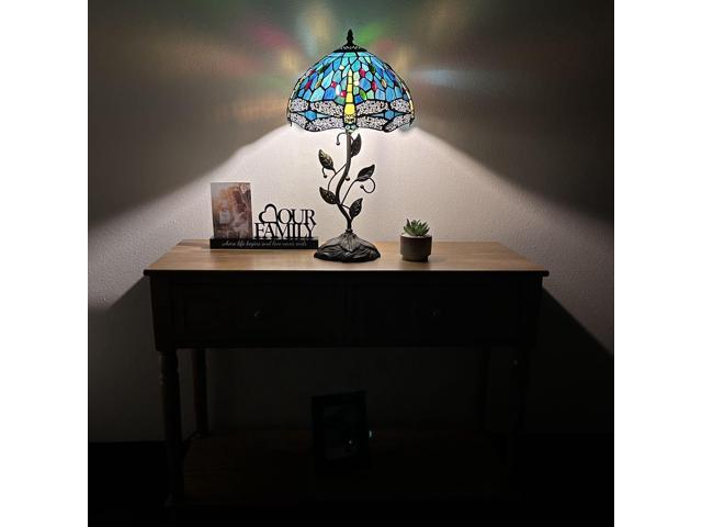 ENJOY DECOR LAMPS Tiffany Style Table Lamp Green Blue Stained Glass Dragonfly Base Included LED Bulb for Living Room Bedroom Bedside 12'W*12'D*22'H