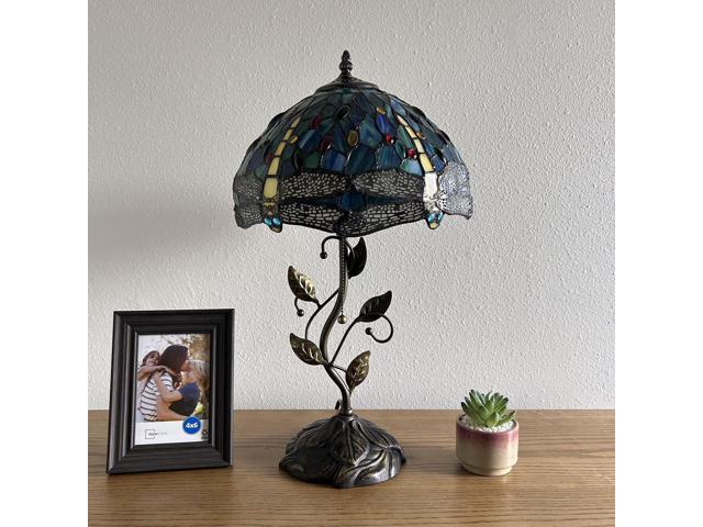 ENJOY DECOR LAMPS Tiffany Style Table Lamp Green Blue Stained Glass Dragonfly Base Included LED Bulb for Living Room Bedroom Bedside 12'W*12'D*22'H