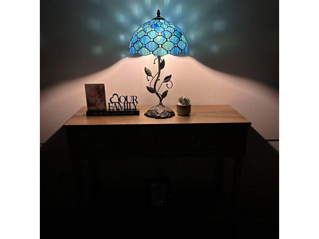 ENJOY DECOR LAMPS Tiffany Style Table Lamp Blue Green Stained Glass Crystal Beans Included LED Bulb for Living Room Bedroom Bedside 12'W*12'D*22'H