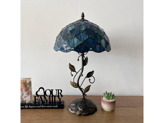 ENJOY DECOR LAMPS Tiffany Style Table Lamp Blue Green Stained Glass Crystal Beans Included LED Bulb for Living Room Bedroom Bedside 12'W*12'D*22'H