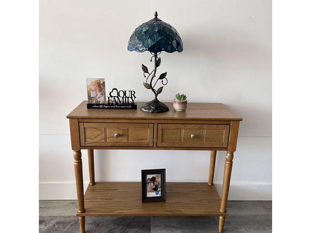 ENJOY DECOR LAMPS Tiffany Style Table Lamp Blue Green Stained Glass Crystal Beans Included LED Bulb for Living Room Bedroom Bedside 12'W*12'D*22'H
