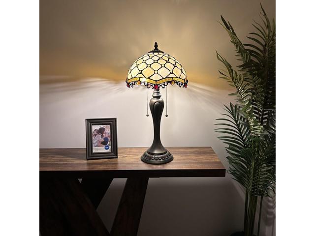 ENJOY DECOR LAMPS Tiffany Style Table Lamp Beige Stained Glass Crystal Beans for Living Room Bedroom Bedside 12'W*12'D*22'H