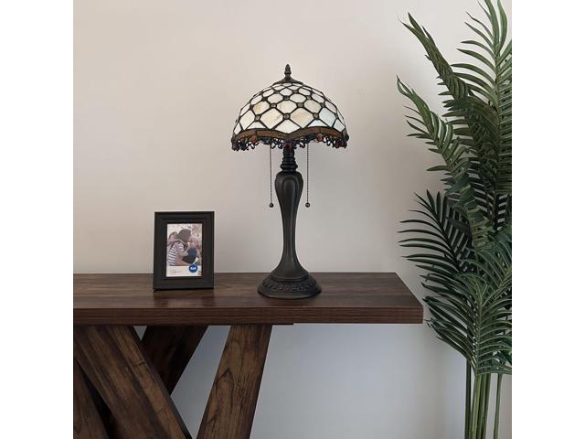 ENJOY DECOR LAMPS Tiffany Style Table Lamp Beige Stained Glass Crystal Beans for Living Room Bedroom Bedside 12'W*12'D*22'H