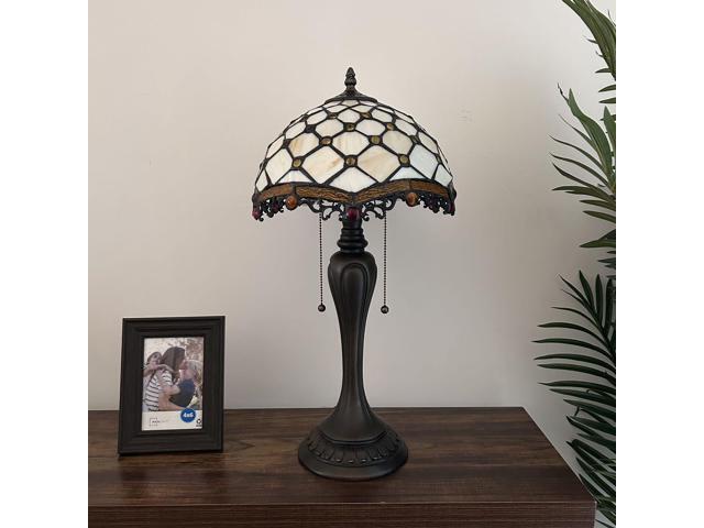 ENJOY DECOR LAMPS Tiffany Style Table Lamp Beige Stained Glass Crystal Beans for Living Room Bedroom Bedside 12'W*12'D*22'H