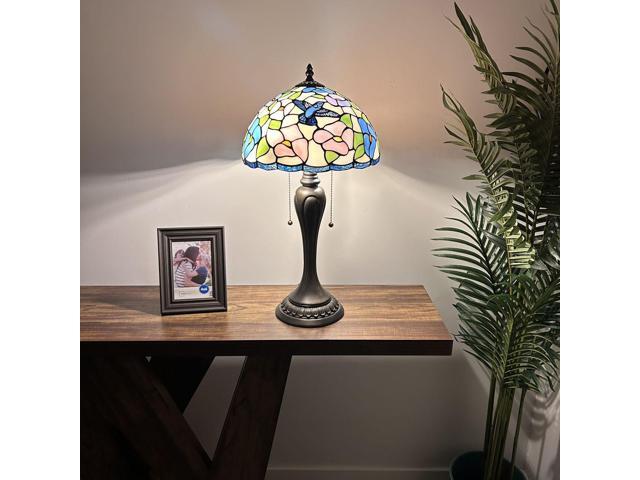 ENJOY DECOR LAMPS Tiffany Style Table Lamp Pink Blue Stained Glass Hummingbird Flowers for Living Room Bedroom Bedside 12'W*12'D*22'H