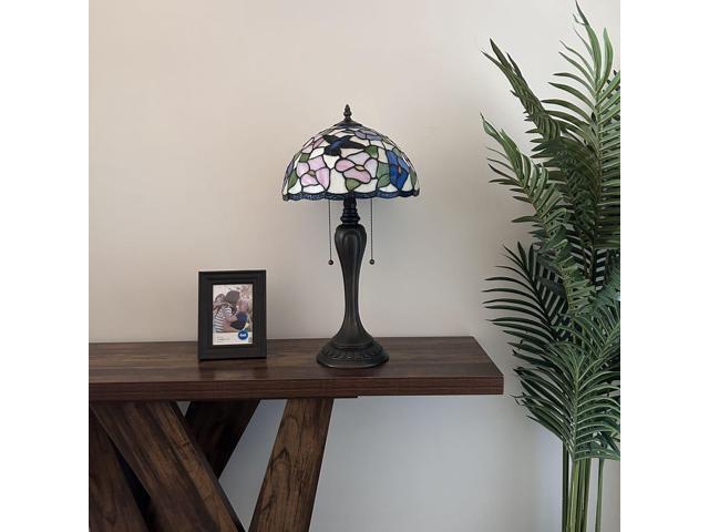 ENJOY DECOR LAMPS Tiffany Style Table Lamp Pink Blue Stained Glass Hummingbird Flowers for Living Room Bedroom Bedside 12'W*12'D*22'H