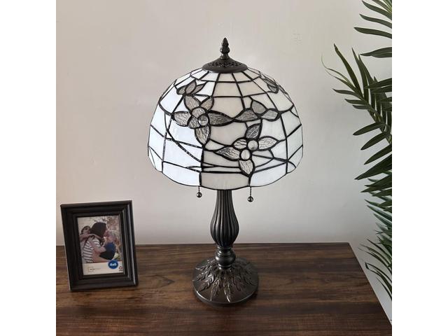 ENJOY DECOR LAMPS Tiffany Style Table Lamp White Stained Glass Flowers LED Bulbs Included for Living Room Bedroom Bedside 12'W*12'D*22'H