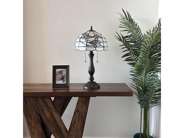 ENJOY DECOR LAMPS Tiffany Style Table Lamp White Stained Glass Flowers LED Bulbs Included for Living Room Bedroom Bedside 12'W*12'D*22'H