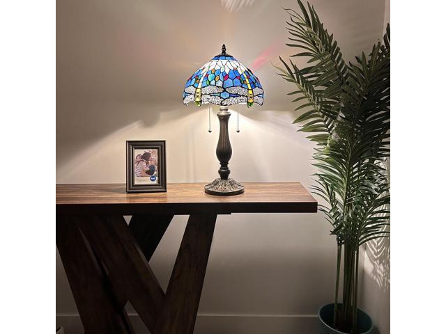 ENJOY DECOR LAMPS Tiffany Style Table Lamp Dragonfly Blue Stained glass LED Bulbs Included for Living Room Bedroom Bedside 12'W*12'D*22'H