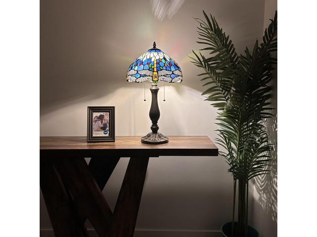 ENJOY DECOR LAMPS Tiffany Style Table Lamp Dragonfly Blue Stained glass LED Bulbs Included for Living Room Bedroom Bedside 12'W*12'D*22'H