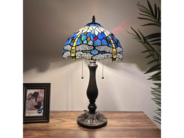 ENJOY DECOR LAMPS Tiffany Style Table Lamp Dragonfly Blue Stained glass LED Bulbs Included for Living Room Bedroom Bedside 12'W*12'D*22'H