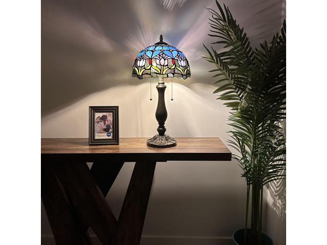 ENJOY DECOR LAMPS Tiffany Style Table Lamp Purple Blue Stained Glass Tulips LED Bulbs Included for Living Room Bedroom Bedside 12'W*12'D*22'H