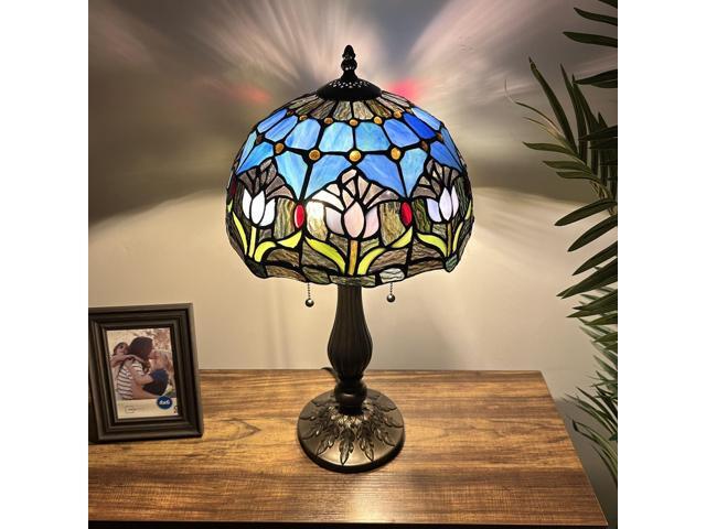 ENJOY DECOR LAMPS Tiffany Style Table Lamp Purple Blue Stained Glass Tulips LED Bulbs Included for Living Room Bedroom Bedside 12'W*12'D*22'H