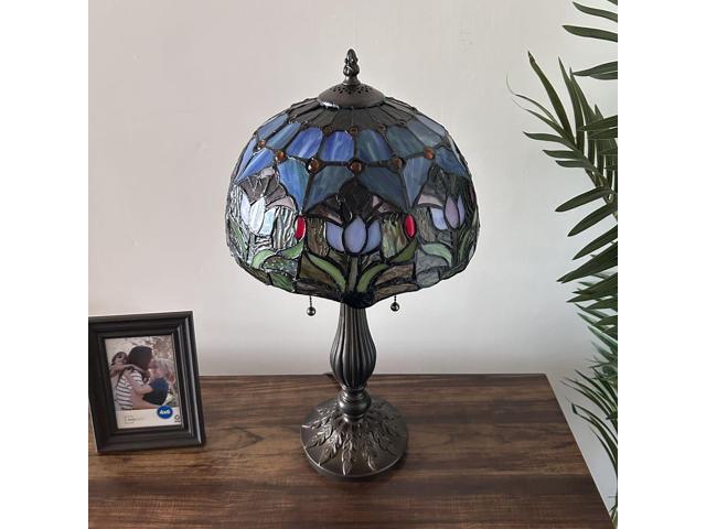 ENJOY DECOR LAMPS Tiffany Style Table Lamp Purple Blue Stained Glass Tulips LED Bulbs Included for Living Room Bedroom Bedside 12'W*12'D*22'H