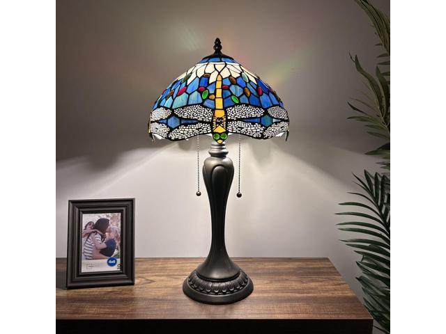 ENJOY DECOR LAMPS Tiffany Style Table Lamp Dragonfly Blue Stained Glass Included LED Bulbs for Living Room Bedroom Bedside 12'W*12'D*22'H