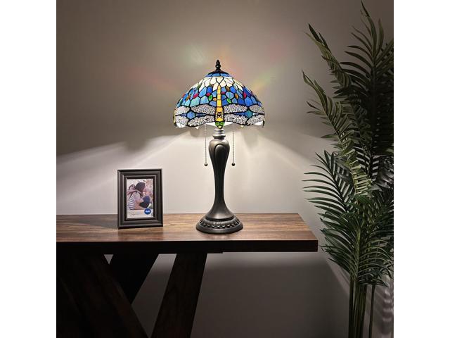 ENJOY DECOR LAMPS Tiffany Style Table Lamp Dragonfly Blue Stained Glass Included LED Bulbs for Living Room Bedroom Bedside 12'W*12'D*22'H