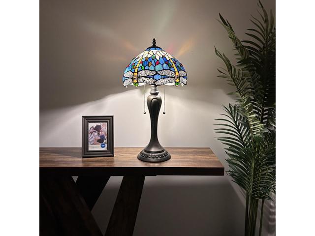 ENJOY DECOR LAMPS Tiffany Style Table Lamp Dragonfly Blue Stained Glass Included LED Bulbs for Living Room Bedroom Bedside 12'W*12'D*22'H