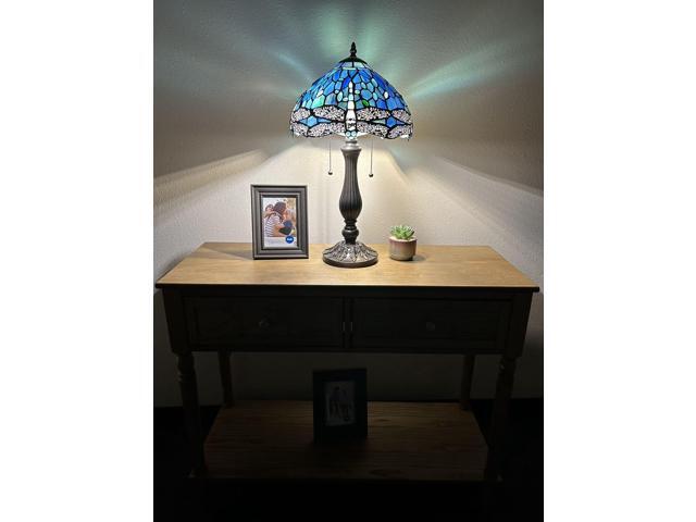 ENJOY DECOR LAMPS Tiffany Style Table Lamp Blue Stained Glass Dragonfly LED Bulbs Included for Living Room Bedroom Bedside 12'W*12'D*22'H