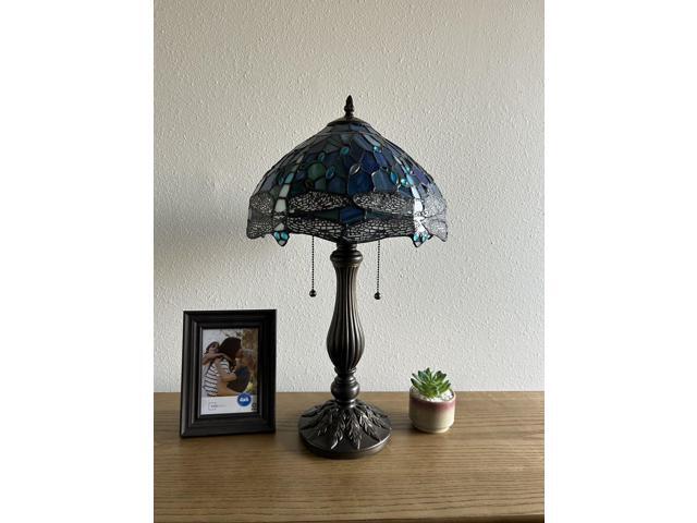 ENJOY DECOR LAMPS Tiffany Style Table Lamp Blue Stained Glass Dragonfly LED Bulbs Included for Living Room Bedroom Bedside 12'W*12'D*22'H