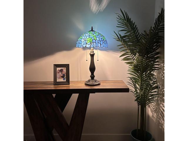 ENJOY DECOR LAMPS Tiffany Style Table Lamp Blue Stained Glass Green Leaves LED Bulbs Included for Living Room Bedroom Bedside 12'W*12'D*22'H