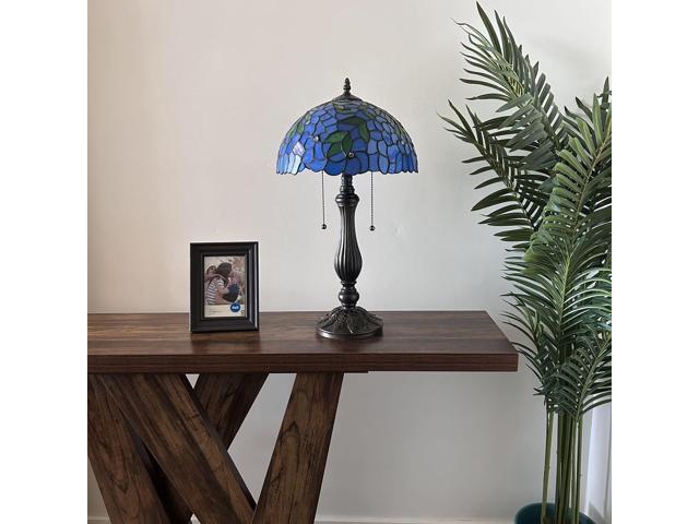 ENJOY DECOR LAMPS Tiffany Style Table Lamp Blue Stained Glass Green Leaves LED Bulbs Included for Living Room Bedroom Bedside 12'W*12'D*22'H