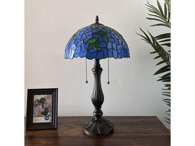 ENJOY DECOR LAMPS Tiffany Style Table Lamp Blue Stained Glass Green Leaves LED Bulbs Included for Living Room Bedroom Bedside 12'W*12'D*22'H