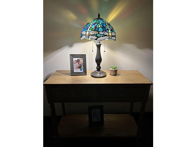 ENJOY DECOR LAMPS Tiffany Style Table Lamp Green Blue Stained Glass Dragonfly LED Bulbs Included for Living Room Bedroom Bedside 12'W*12'D*22'H