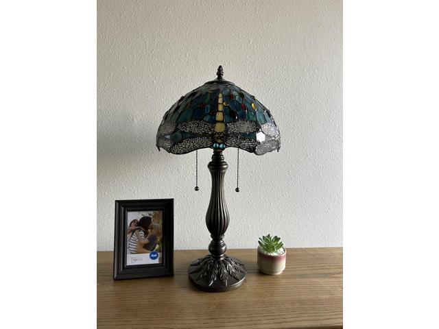ENJOY DECOR LAMPS Tiffany Style Table Lamp Green Blue Stained Glass Dragonfly LED Bulbs Included for Living Room Bedroom Bedside 12'W*12'D*22'H