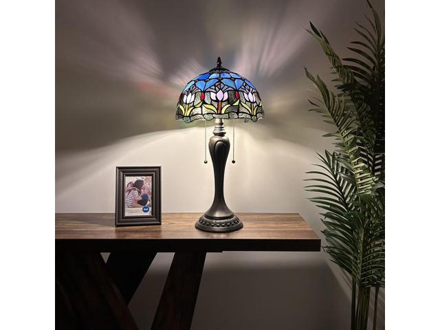 ENJOY DECOR LAMPS Tiffany Style Table Lamp Blue Purple Stained Glass Tulips LED Bulbs Included For Living Room Bedroom Bedside 12'W*12'D*22'H