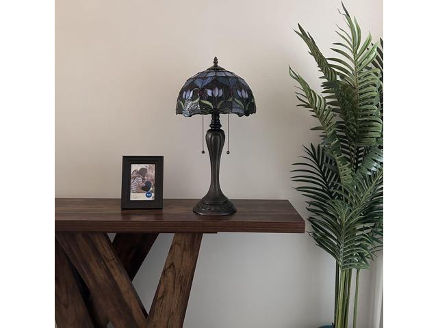 ENJOY DECOR LAMPS Tiffany Style Table Lamp Blue Purple Stained Glass Tulips LED Bulbs Included For Living Room Bedroom Bedside 12'W*12'D*22'H