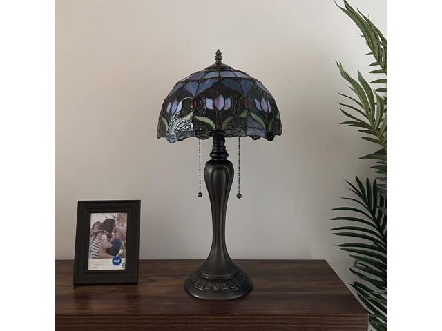 ENJOY DECOR LAMPS Tiffany Style Table Lamp Blue Purple Stained Glass Tulips LED Bulbs Included For Living Room Bedroom Bedside 12'W*12'D*22'H