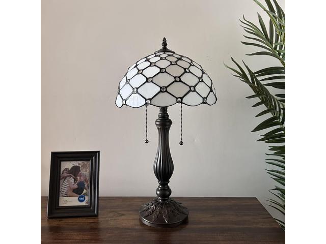 ENJOY DECOR LAMPS Tiffany Style Table Lamp White Stained Glass Crystal Beans Included LED Bulbs for Living Room Bedroom Bedside 12'W*12'D*22'H
