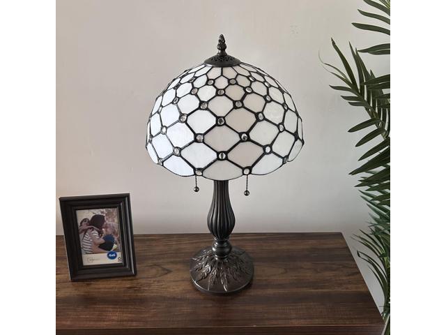 ENJOY DECOR LAMPS Tiffany Style Table Lamp White Stained Glass Crystal Beans Included LED Bulbs for Living Room Bedroom Bedside 12'W*12'D*22'H