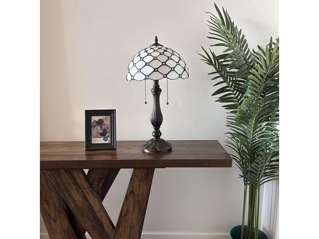 ENJOY DECOR LAMPS Tiffany Style Table Lamp White Stained Glass Crystal Beans Included LED Bulbs for Living Room Bedroom Bedside 12'W*12'D*22'H