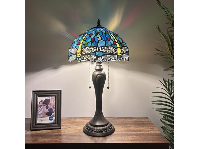 ENJOY DECOR LAMPS Tiffany Style Table Lamp Green Blue Stained Glass Dragonfly LED Bulbs Included for Living Room Bedroom Bedside 12'W*12'D*22'H