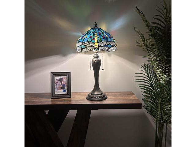 ENJOY DECOR LAMPS Tiffany Style Table Lamp Green Blue Stained Glass Dragonfly LED Bulbs Included for Living Room Bedroom Bedside 12'W*12'D*22'H
